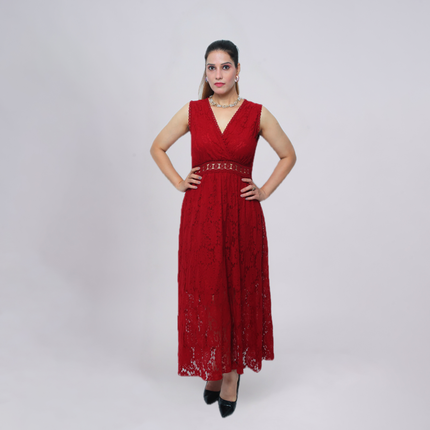 V‑Neck Lace Maxi Dress with Crochet Waist