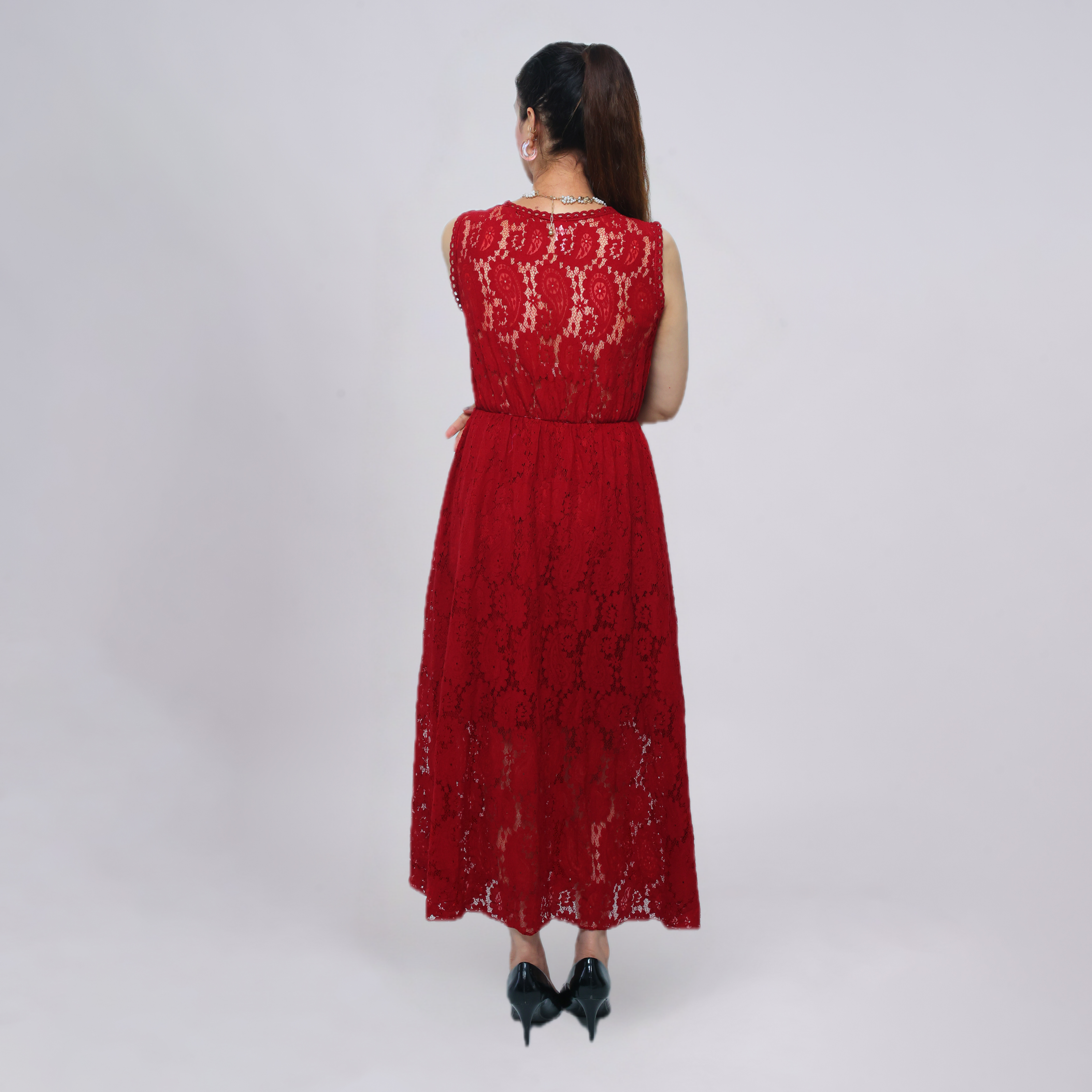 V‑Neck Lace Maxi Dress with Crochet Waist