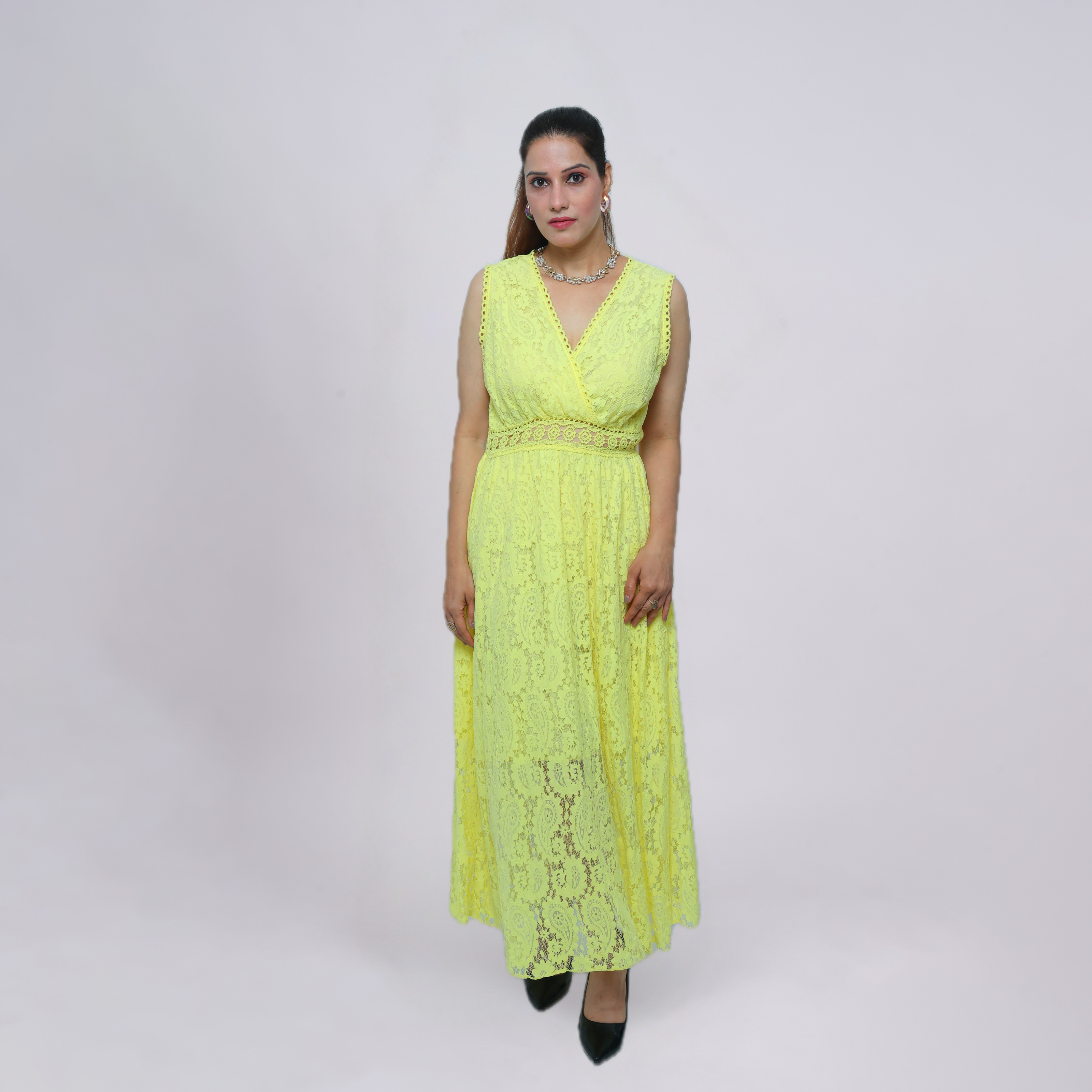 V‑Neck Lace Maxi Dress with Crochet Waist