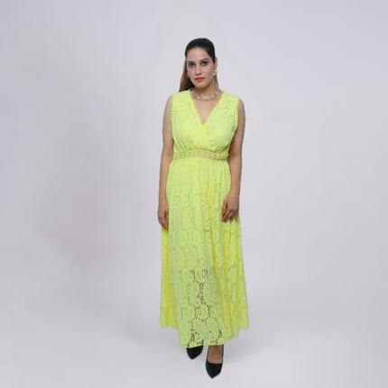 V‑Neck Lace Maxi Dress with Crochet Waist