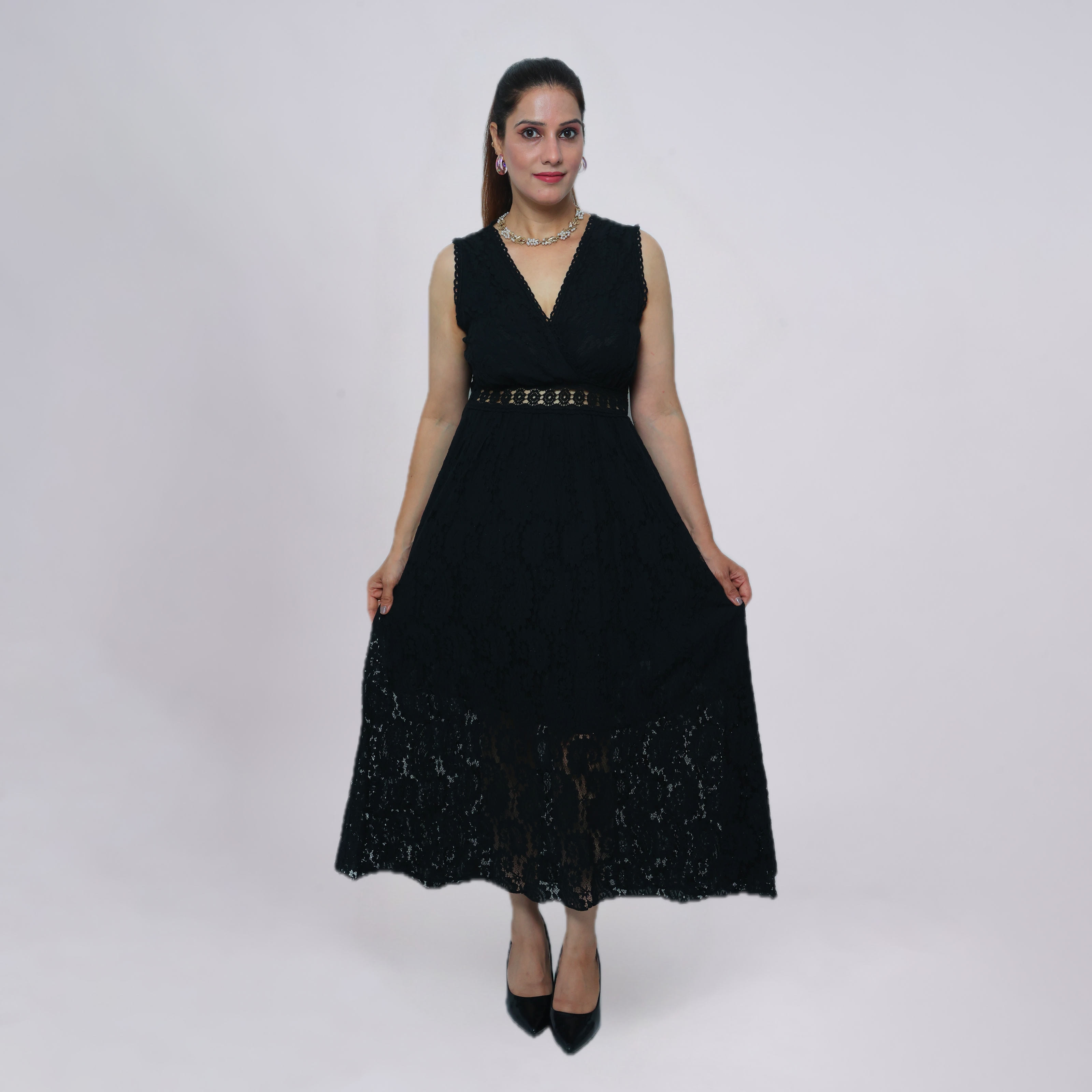 V‑Neck Lace Maxi Dress with Crochet Waist