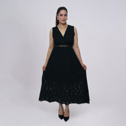 V‑Neck Lace Maxi Dress with Crochet Waist