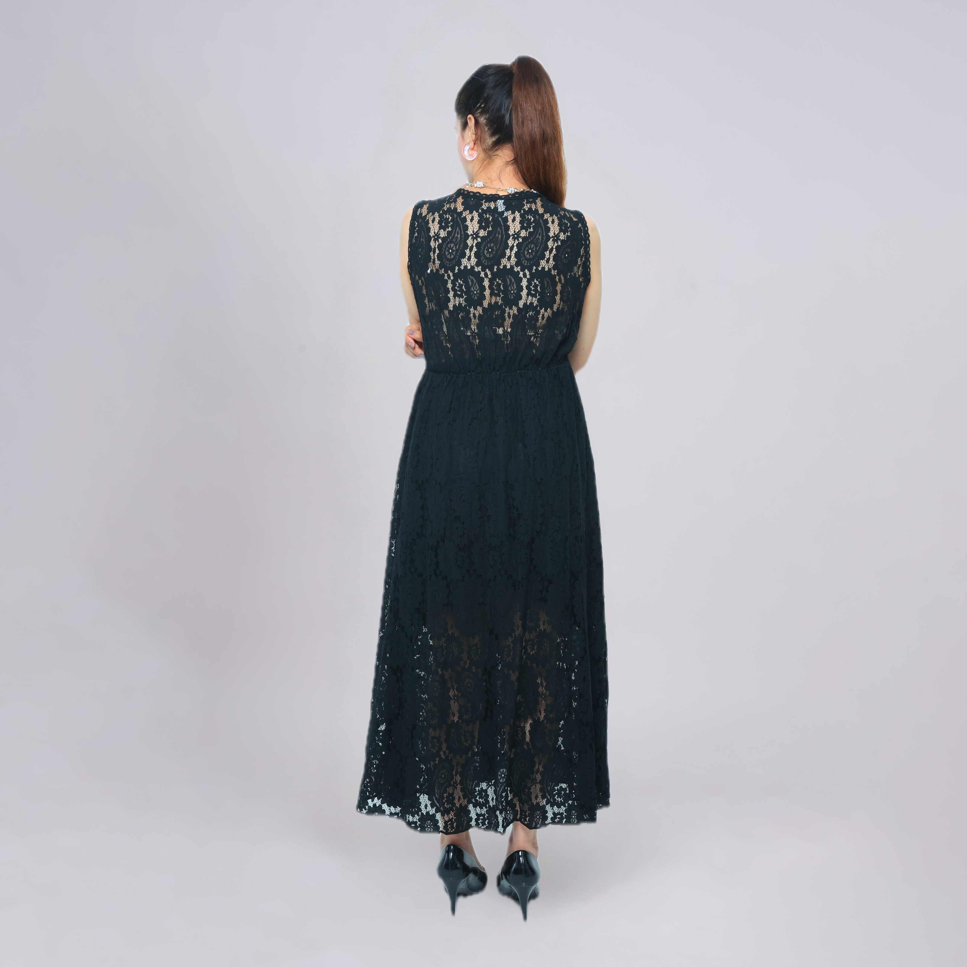 V‑Neck Lace Maxi Dress with Crochet Waist