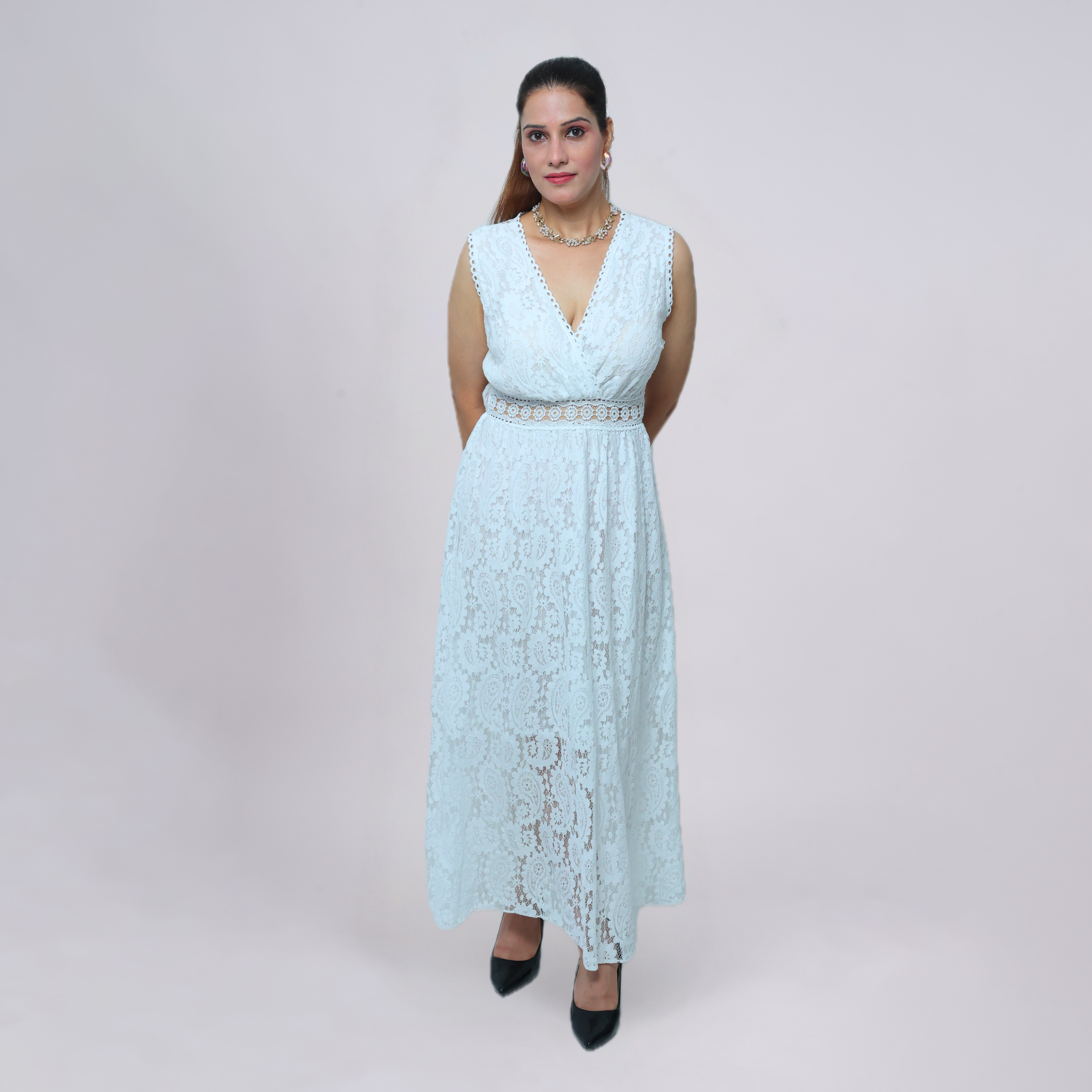 V‑Neck Lace Maxi Dress with Crochet Waist