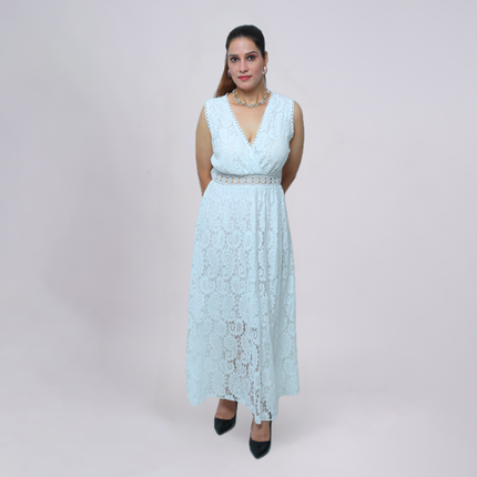 V‑Neck Lace Maxi Dress with Crochet Waist