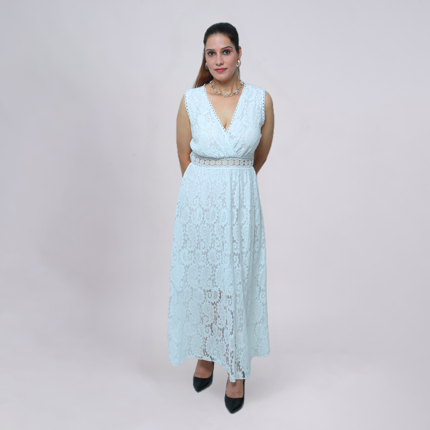 V‑Neck Lace Maxi Dress with Crochet Waist