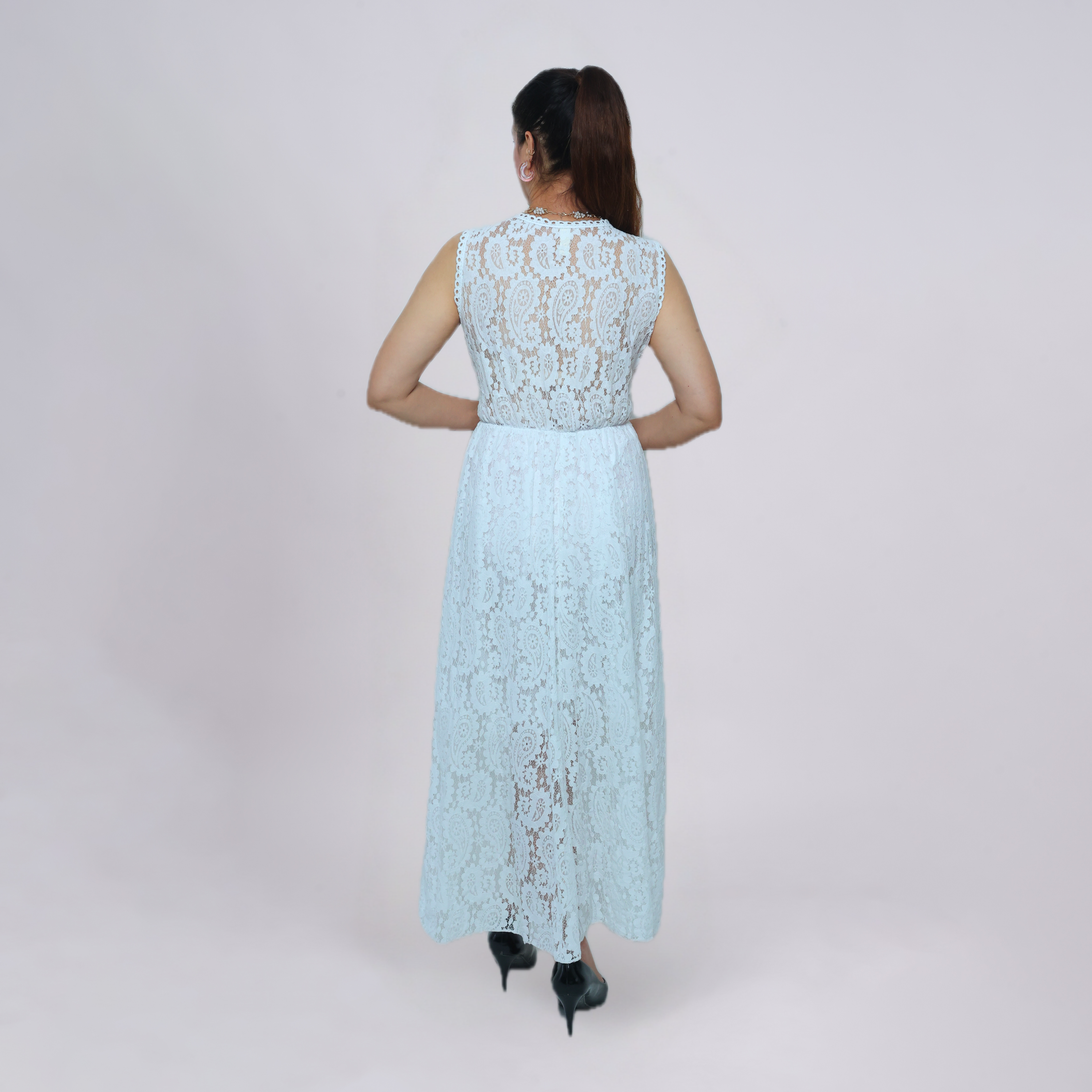 V‑Neck Lace Maxi Dress with Crochet Waist