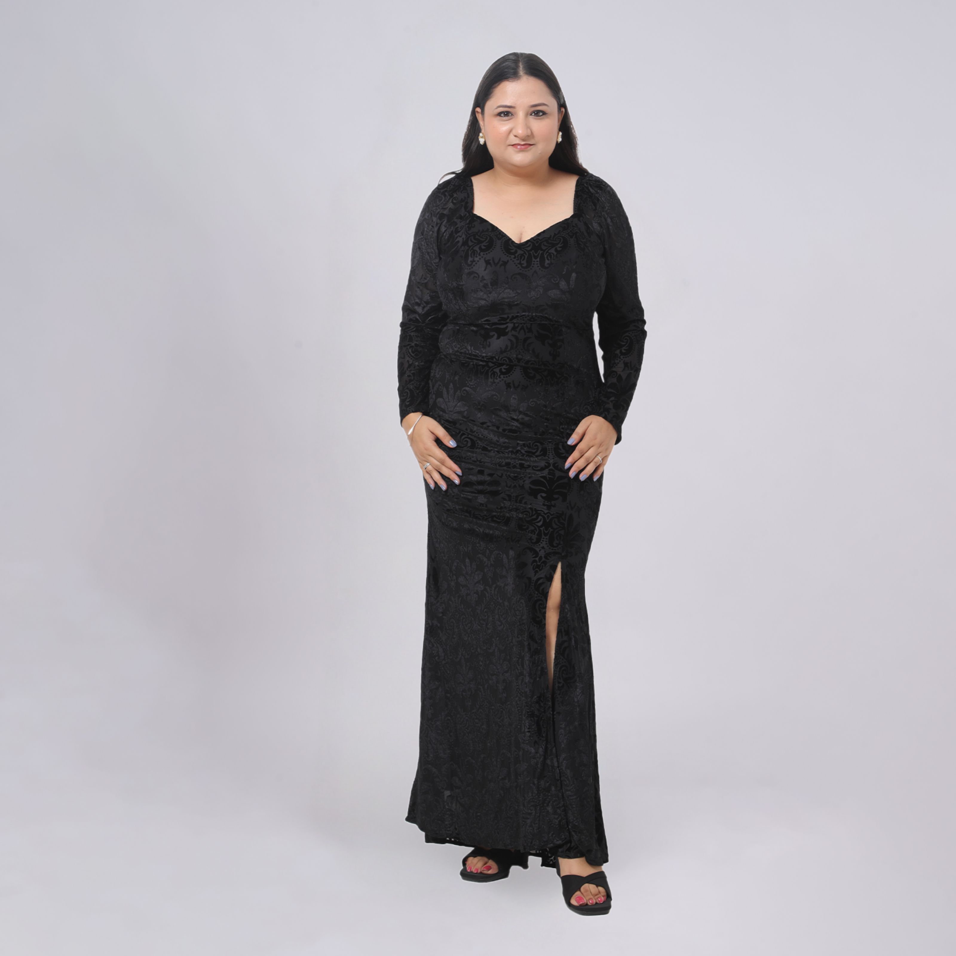 Velvet Damasque Sweetheart Gown with Thigh-High Slit