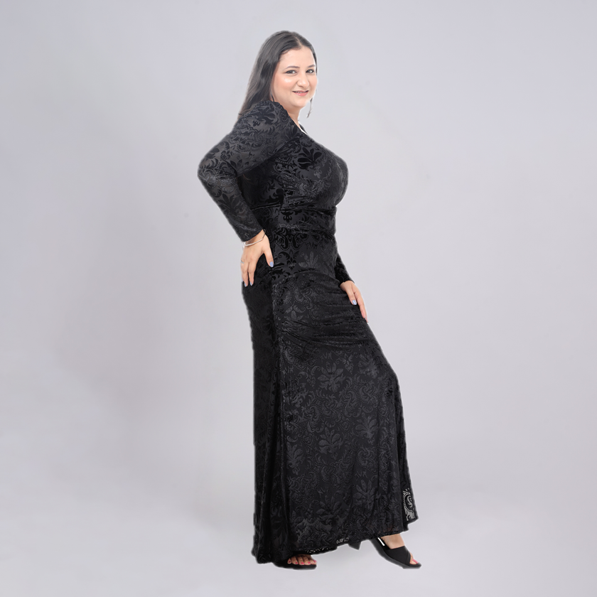 Velvet Damasque Sweetheart Gown with Thigh-High Slit
