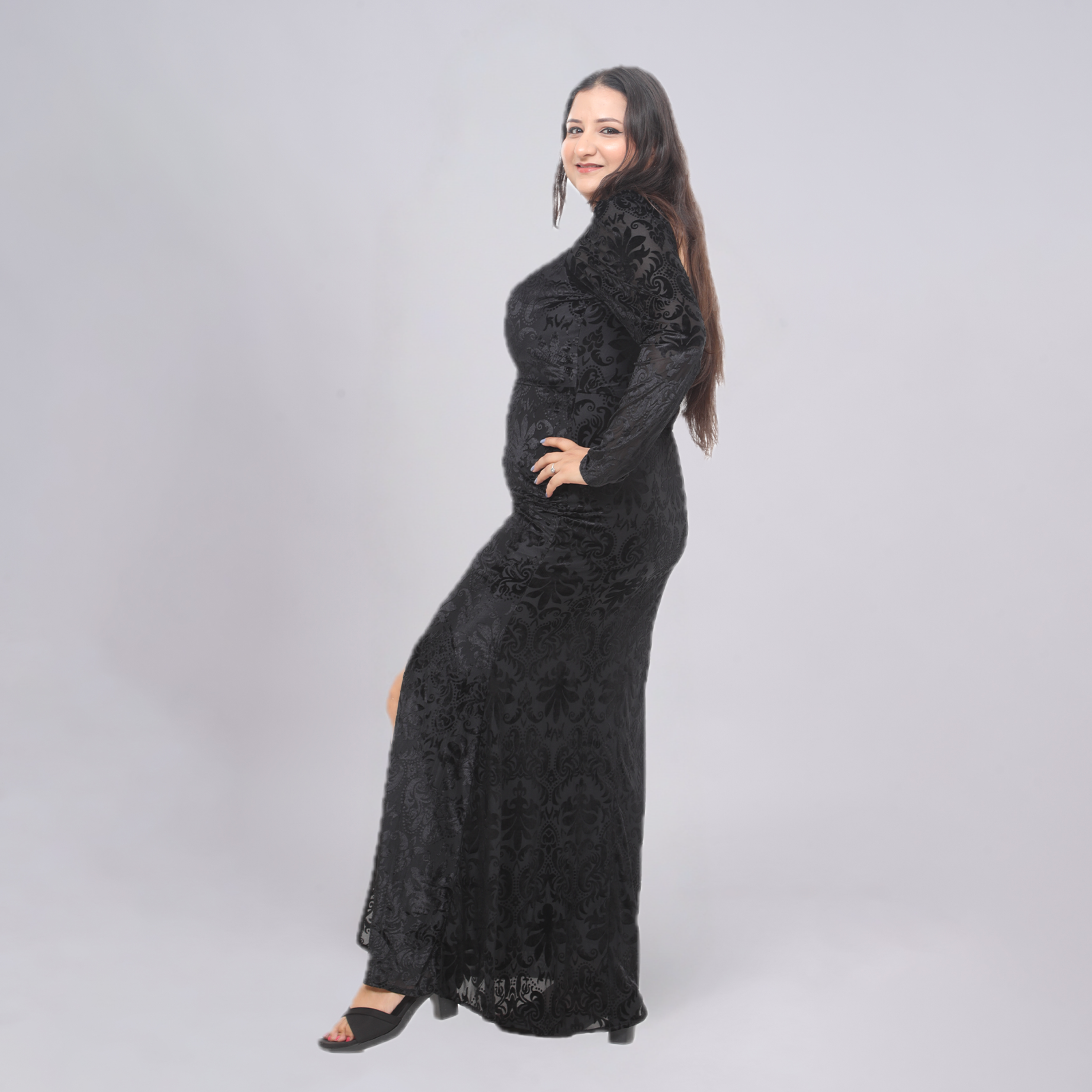 Velvet Damasque Sweetheart Gown with Thigh-High Slit