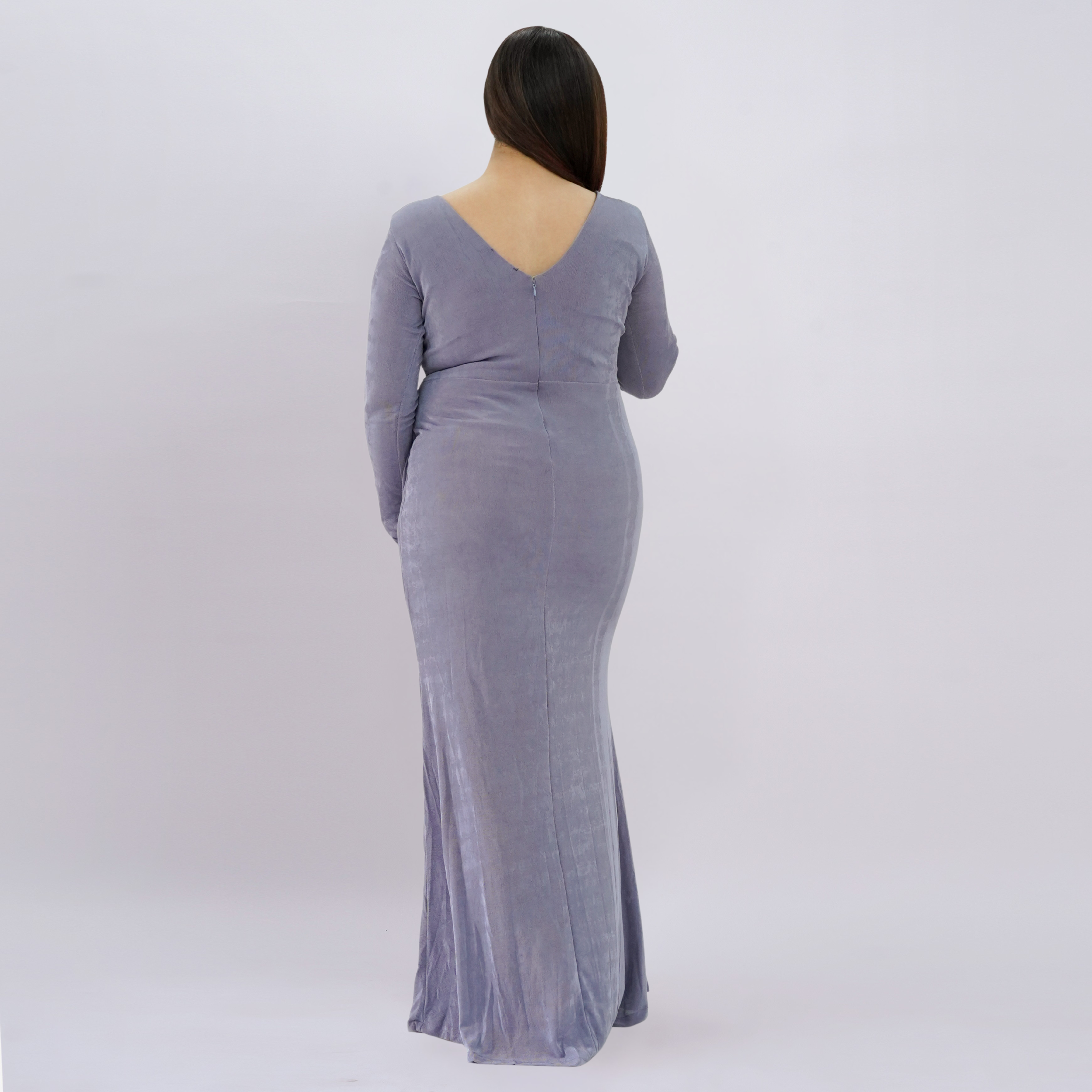 Elegant V-Neck Long Sleeve Shimmer Gown with Ruched Front Slit