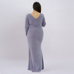 Elegant V-Neck Long Sleeve Shimmer Gown with Ruched Front Slit